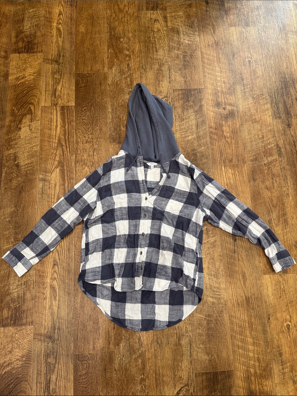 Time and Tru Navy & White Plaid Hooded Button-Down Shirt
